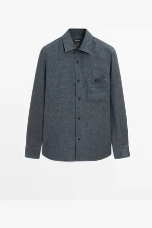 Massimo Dutti Heren - Regular Fit Verwassen Linnen Overshirt - Donkergrijs - L