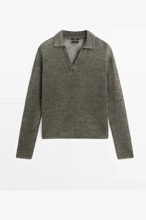 Massimo Dutti Dames - 100% Linnen Tricot Trui Met Polokraag - Fles - M