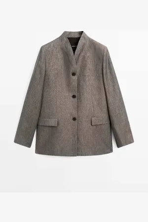 Massimo Dutti Dames - 100% Linnen Blazer Met Hoge Kraag - Grijsblauw - 40