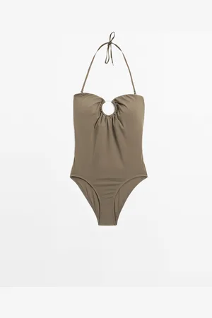 Massimo Dutti Dames - Bandeau Badpak Met Metalen Detail - Lichtkaki - M