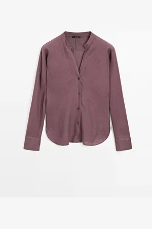 Massimo Dutti Dames - Soepelvallend Linnen Overhemd Met Opstaande Kraag - Violet - L