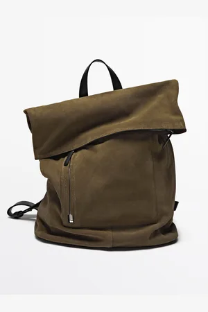 Massimo Dutti Heren - Splitsuède Rugzak Met Nappaleren Detail - Kaki - 01