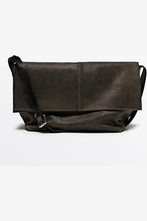 Massimo Dutti Dames - Versleten Nappaleren Tas Met Flap - Zwart - 01