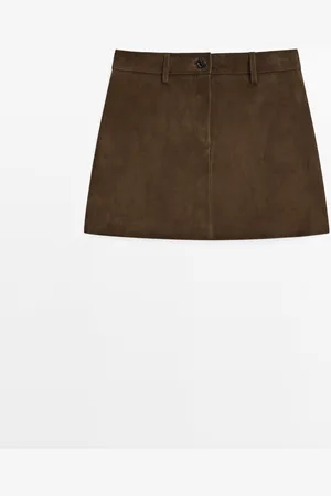 Massimo Dutti Dames - Suède Leren Minirok - Bruin - Xs