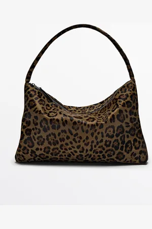 Massimo Dutti Dames - Leren Schoudertas Met Dierenprint - Groentinten - 01