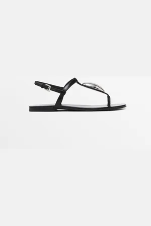 Massimo Dutti Dames - Leren Sandalen Met Stras - Zwart - 35