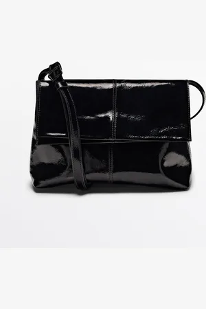 Massimo Dutti Dames - Craquelé Nappa Mini-Tas Met Klep - Zwart - 01