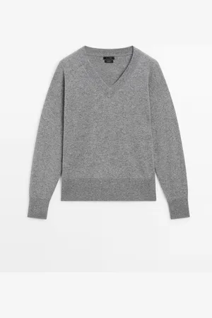 Massimo Dutti Dames - 100% Kasjmier Tricot Trui Met V-Hals - Grijs - Xs