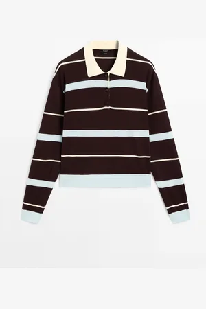 Massimo Dutti Dames - Gestreepte Tricot Trui Met Polokraag - Chocolade - Xs
