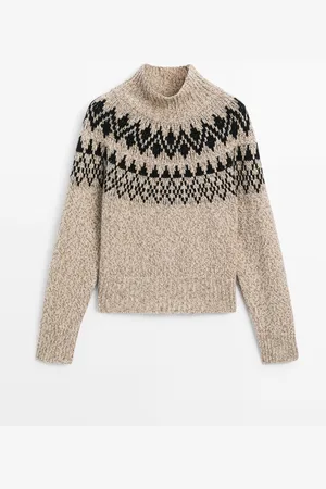Massimo Dutti Dames - Jacquard Tricot Trui Van Wolmix - Vigo Beige - Xs