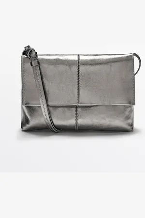 Massimo Dutti Dames - Craquelé Nappa Mini-Tas Met Klep - Zilver - 01