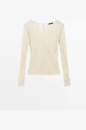 Massimo Dutti Dames - T-Shirt Met Gekreukt Effect En Lange Mouw - Steen - S