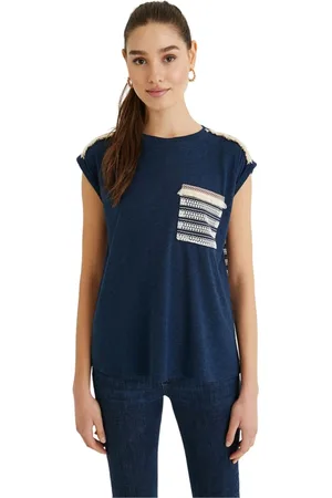 Desigual Dames, Tops, Blauw, Maat: L Linnen