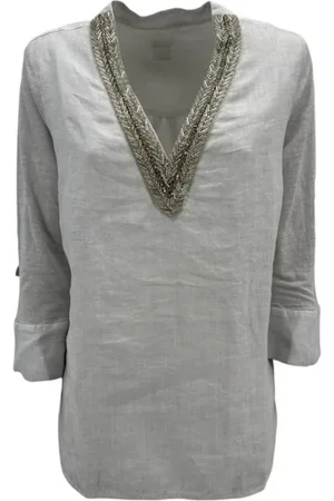 120% Lino Dames, Blouses & Shirts, Wit, Maat: S Linnen