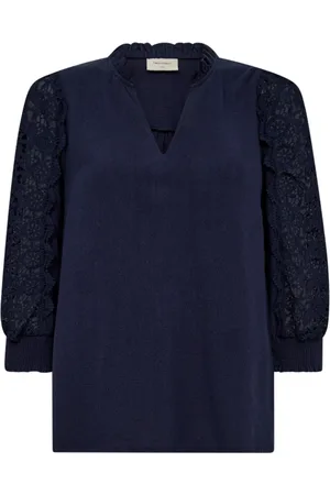 Freequent Dames, Blouses & Shirts, Blauw, Maat: M Linnen