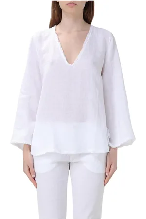 120% Lino Dames, Blouses & Shirts, Wit, Maat: M Linnen