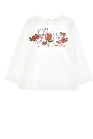 MONNALISA Rhinestone rose print jersey T-shirt