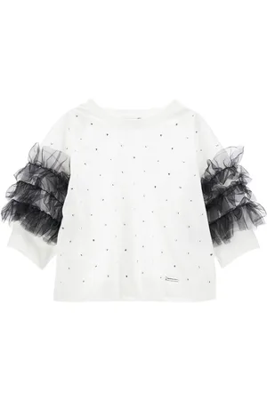 MONNALISA Rhinestone and tulle jersey top