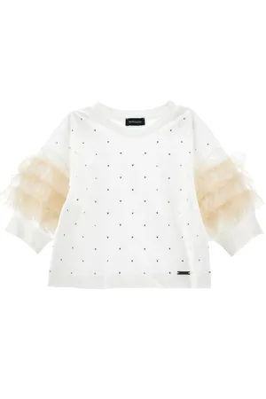 MONNALISA Rhinestone and tulle jersey top