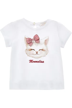 MONNALISA Cotton T-shirt with kitten and bow print