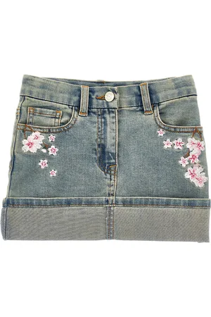 MONNALISA Peach flower embroidered denim miniskirt