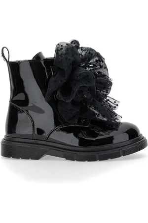 MONNALISA Sheepskin and leather combat boots with bows