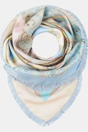 MUCHO GUSTO Zijden Sjaal St. Tropez XS Franjes Blauw met Beige Patchwork
