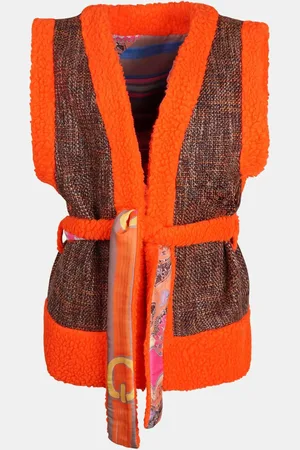 MUCHO GUSTO Tweezijdig Draagbaar Oranje Tweed en Teddy Gilet met Multicolor Riemen en Paisleyprint