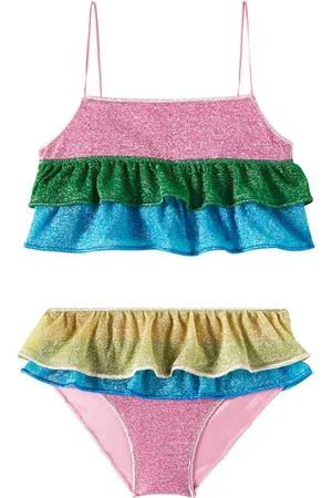 Oseree LumiÃ¨re striped ruffled lamÃ© bikini