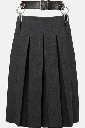 Prada Belted pleated virgin wool midi skirt
