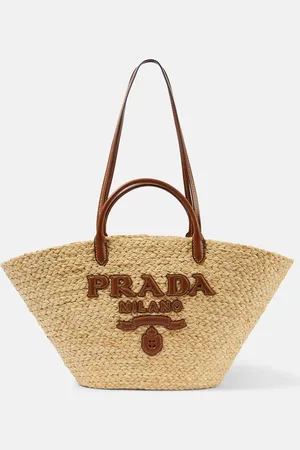 Prada Logo leather-trimmed raffia basket bag