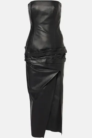 The Attico Draped strapless leather midi dress