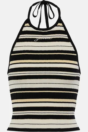 Ganni Logo ribbed-knit halterneck top