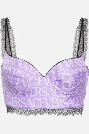 VERSACE Logo silk satin and lace bralette