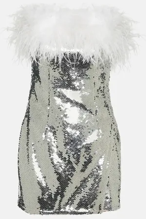 Self-Portrait Feather-trimmed sequined minidress
