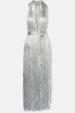 AREA Fringed metallic-effect jersey gown