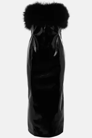 BLUMARINE Feather-trimmed faux leather midi dress