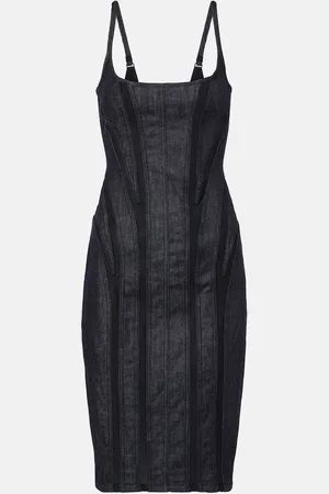 MUGLER Mesh-trimmed denim midi dress