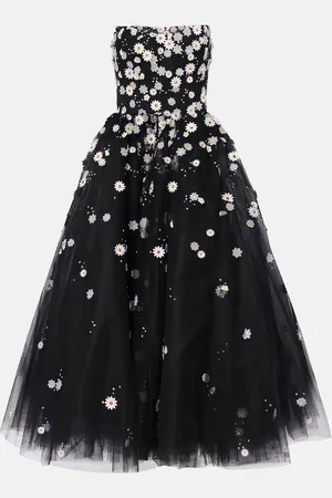 MONIQUE LHUILLIER Floral-appliquÃ© strapless tulle midi dress