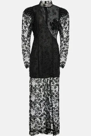 ROTATE High-neck floral mesh midi dress