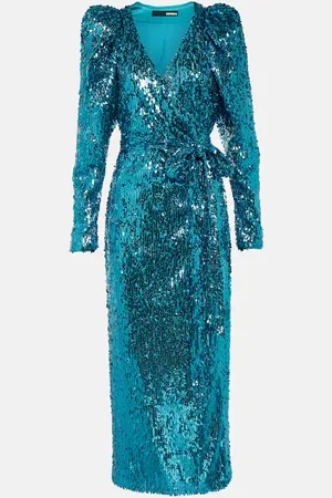 ROTATE Puff-sleeve sequined wrap dress