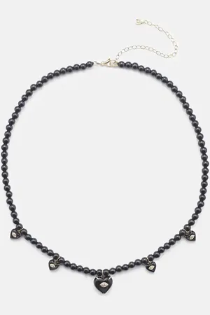 Sydney Evan Carved Heart 14kt gold beaded necklace with diamonds and onyx