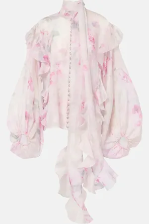 ZIMMERMANN Crush floral ruffled tie-neck blouse
