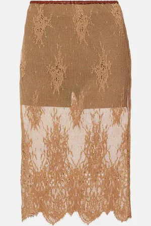 JACQUES WEI Layered leather-trimmed lace midi skirt