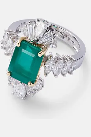 Yeprem Reign Supreme 18kt white gold ring with diamonds and emerald