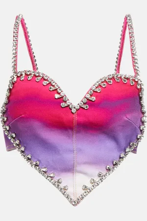 AREA Cropped embellished ombrÃ© denim top