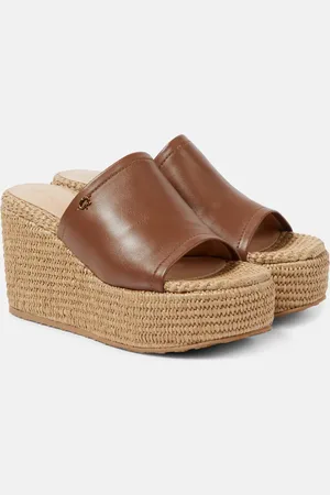 Gianvito Rossi Leather and raffia wedge mules