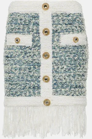 Balmain Fringed denim tweed miniskirt