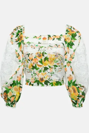 Farm Rio Lace-trimmed printed cotton blouse