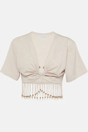 Paco rabanne Fringed beaded cotton jersey crop top